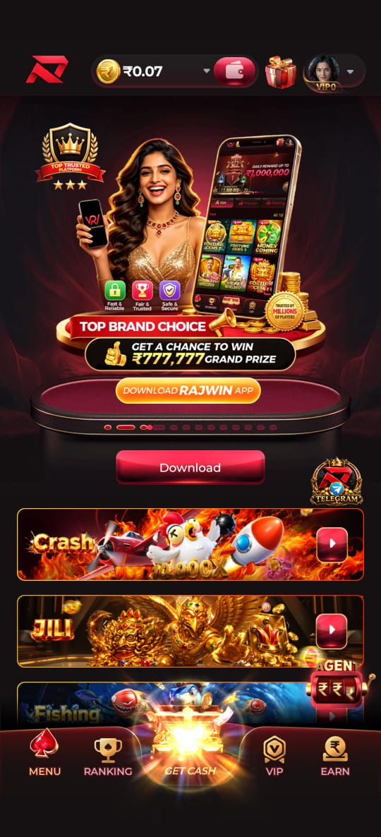 Screenshot of RajWin gaming app interface showing top banners, download buttons, and game categories like Crash, JILI, and Fishing.