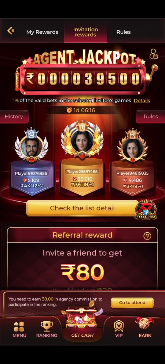 My Rewards dashboard in RajWin app showing withdrawal balance, deposit rebate offers, and social sharing links.